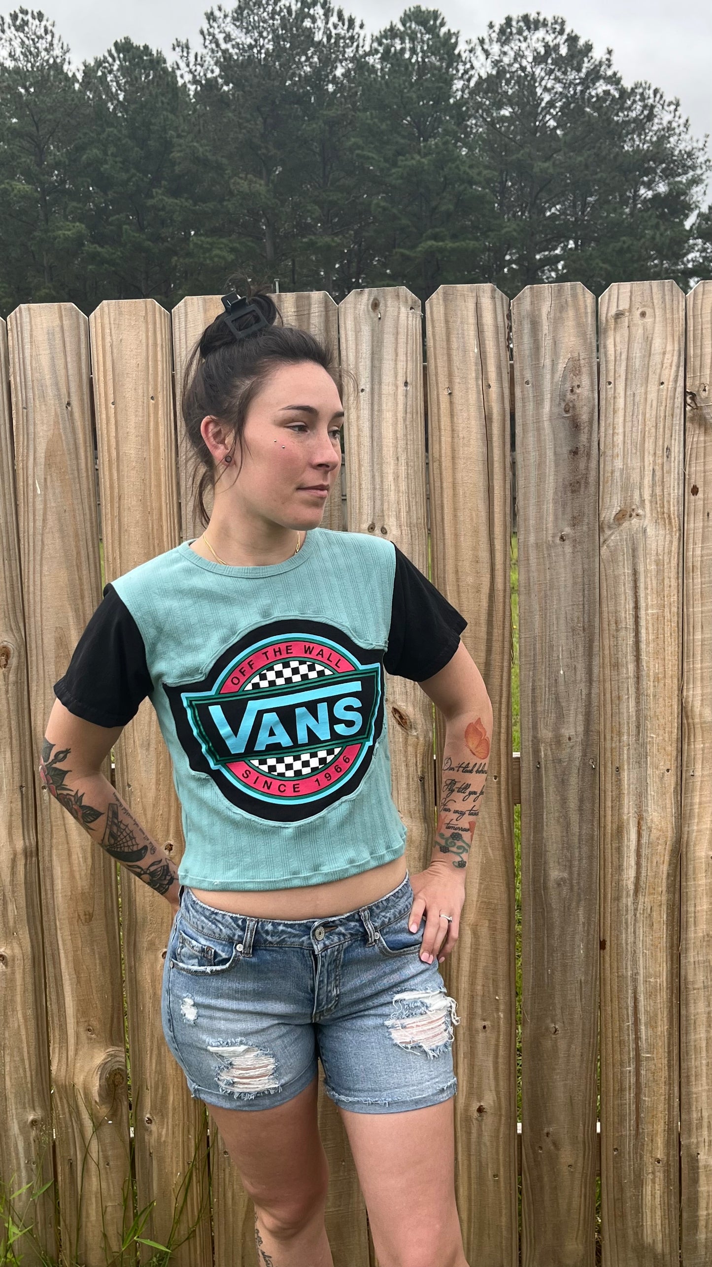 Teal & Black Cropped Skate Tee